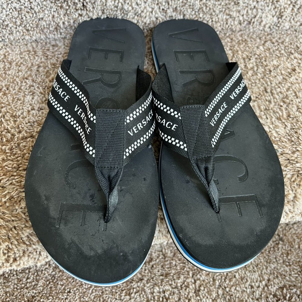VERSACE Men's Black Web Stripes Flip Flops .